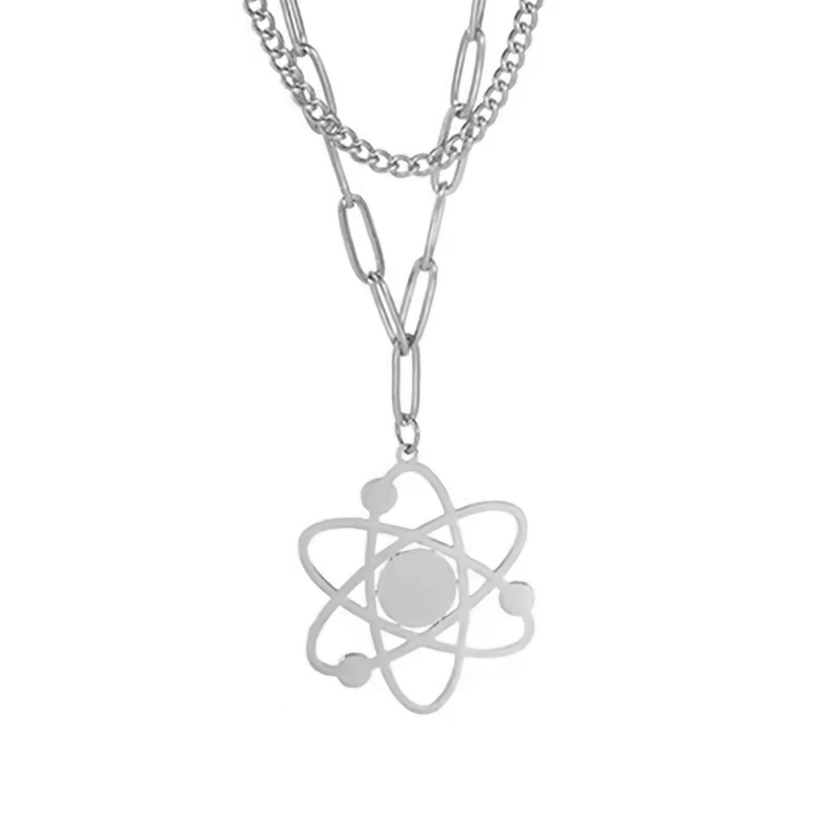 Layered Wrap Atom Necklace Silver Stainless Steel Double Chain Chemistry Pendant