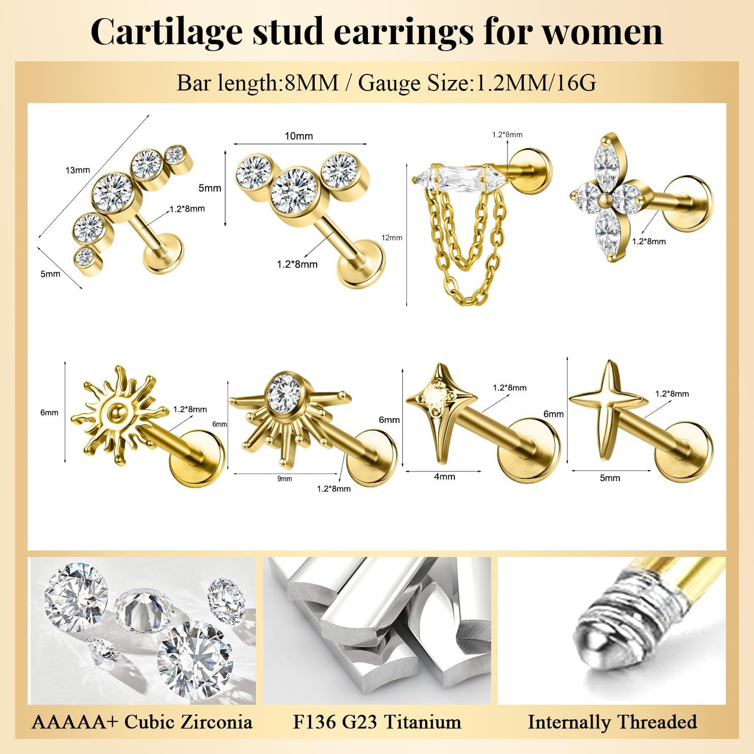 G23 Titanium Flat Back Studs 16G Cartilage Earrings for Women Hypoallergenic Int