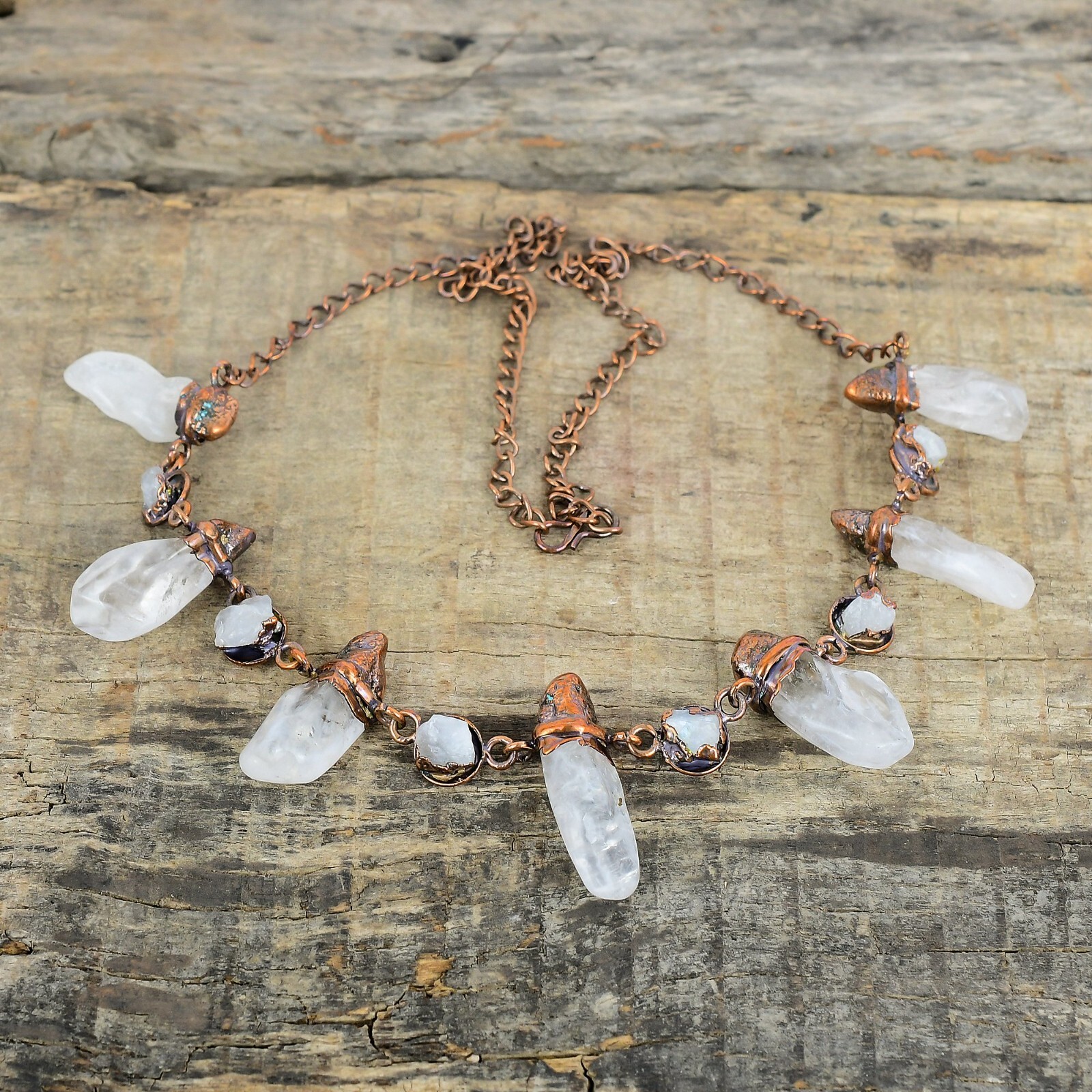 Rainbow Moonstone Rough Gemstone Copper Chain Electroformed New Necklace Jewelry