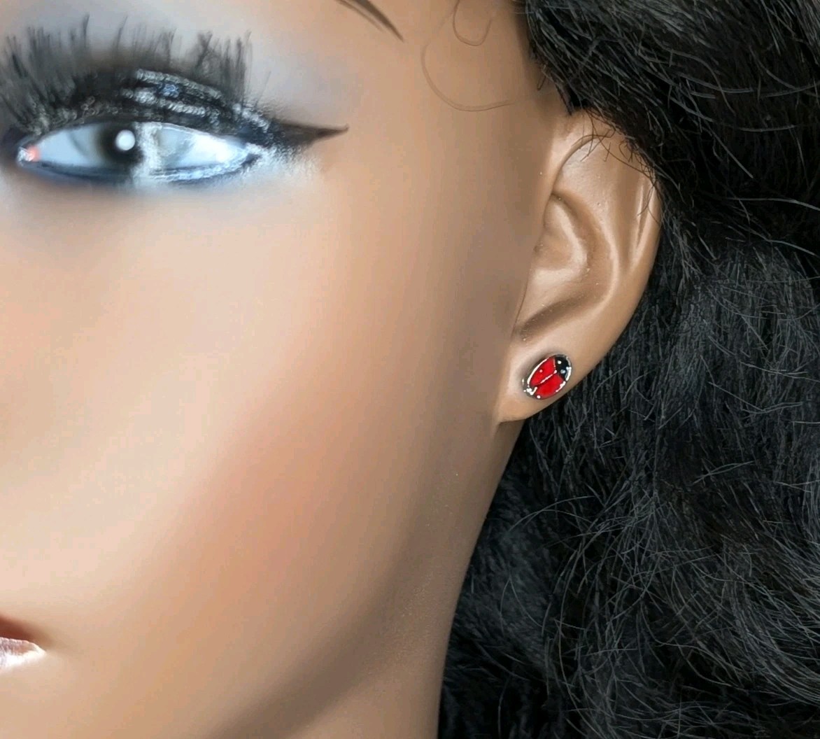 NEW Earrings Red black Ladybug 🐞 Sterling Silver Studs Painted Fashion Earrings