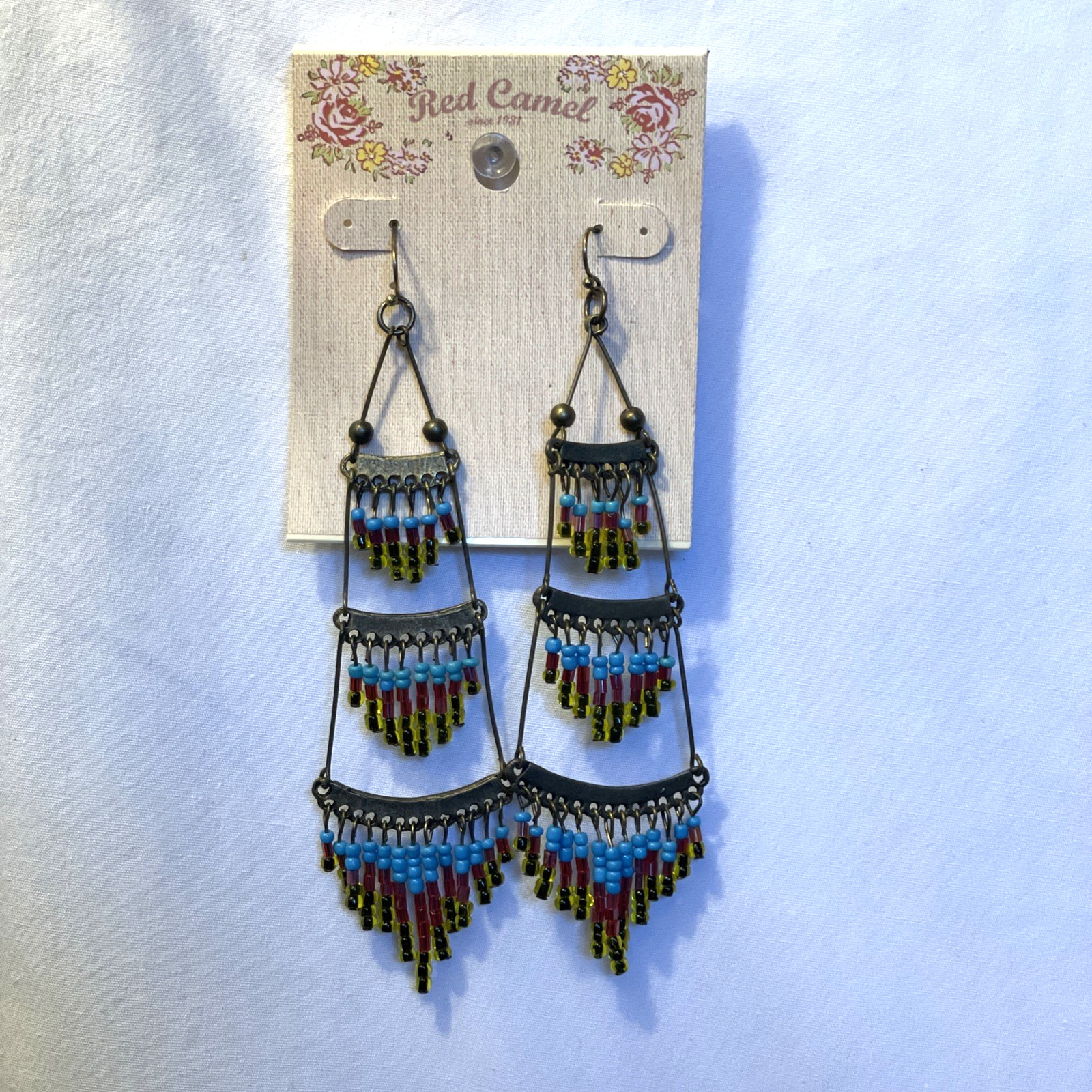 Red Camel Boho Micro Bead Chandelier Earrings 3 Tier Fringe Dangle Drop 4.5″