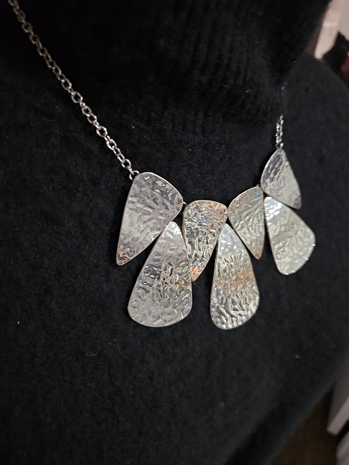 Silver Tone Hammered Metal Statement Bib Necklace Modern Geometric