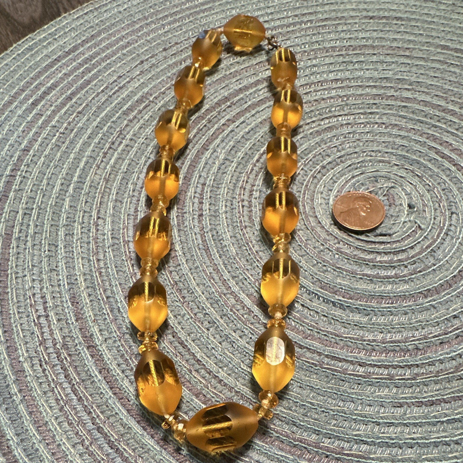 Art Deco faceted Amber-HoneyOval-Hexagonal Beaded Glass necklace16 In.