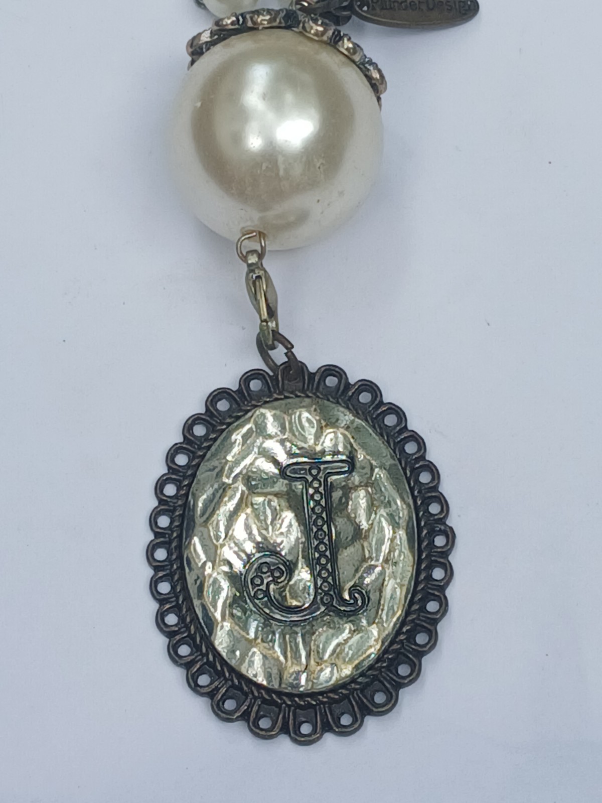 Vintage Designer Plunder detachable initial J pendant large pearl necklace