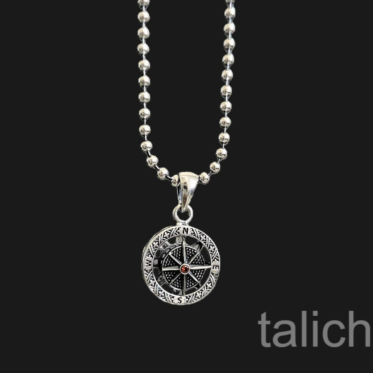 925 Sterling Silver Small Round Compass Pendant with Spin Star & Red CZ Unique