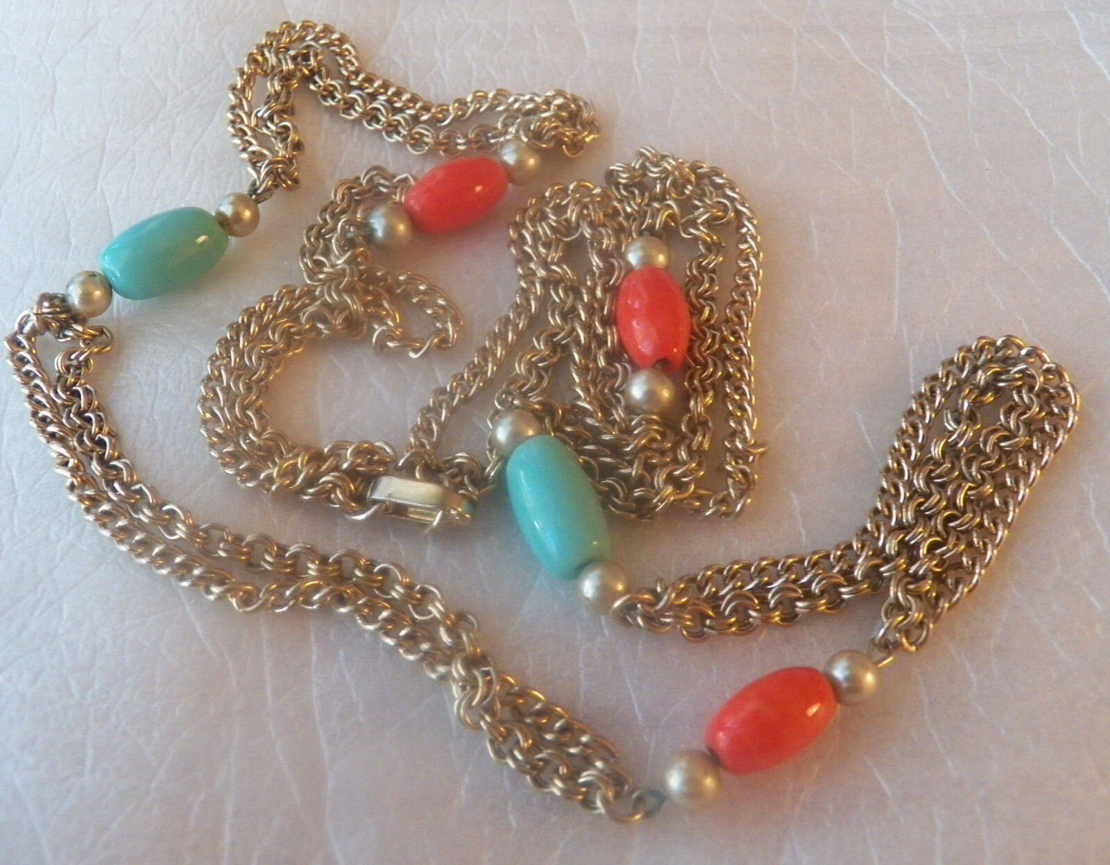Red, White & Light Blue Beads on Gold Tone Chains Necklace 34 in. Fashion