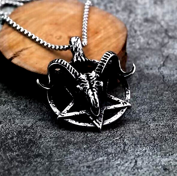 New Large Satanic Goat Head Pentagram Pendant Necklace Baphomet Devil Lucifer