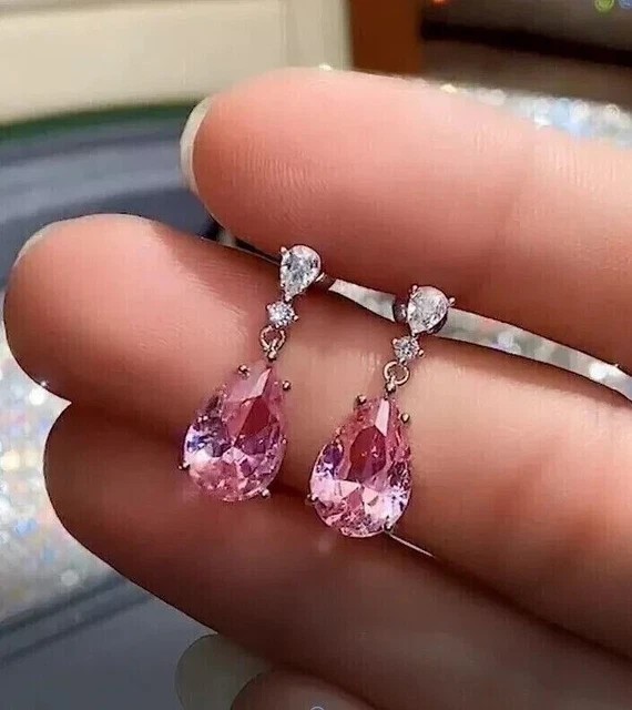 2Ct Pear Cut Simulated Pink Sapphire Drop Dangle Earrings 14K White Gold Plated