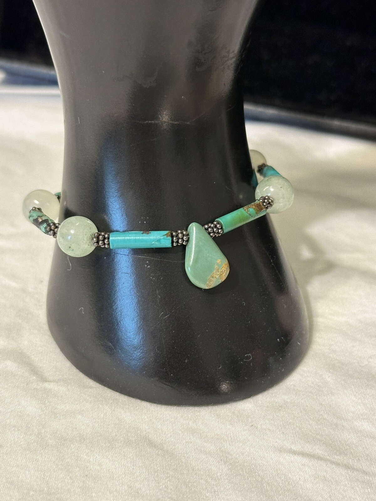 STABILIZED TURQUOISE, JADEITE & QUARTZ OXIDIZED SILVER BRACELET 7.5”