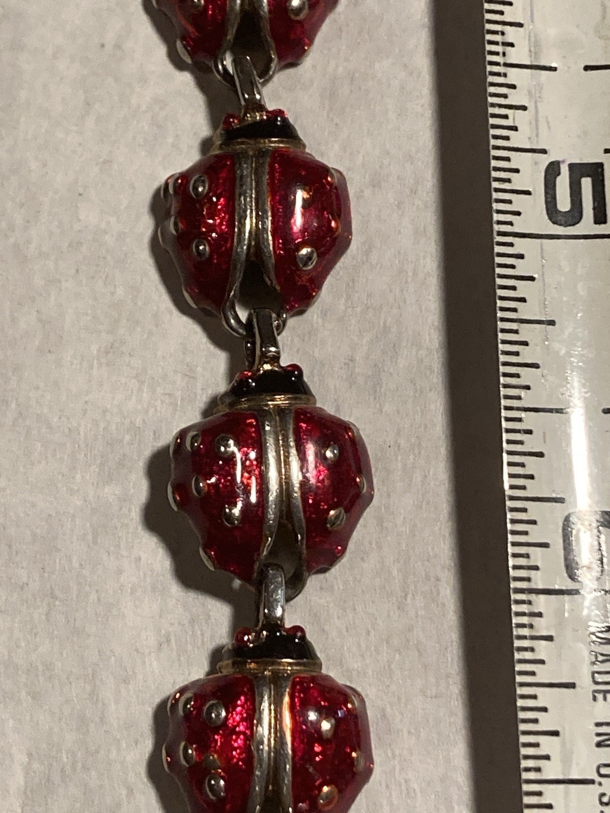 7-1/2” SilverTone Red Enamel Ladybug Link Bracelet