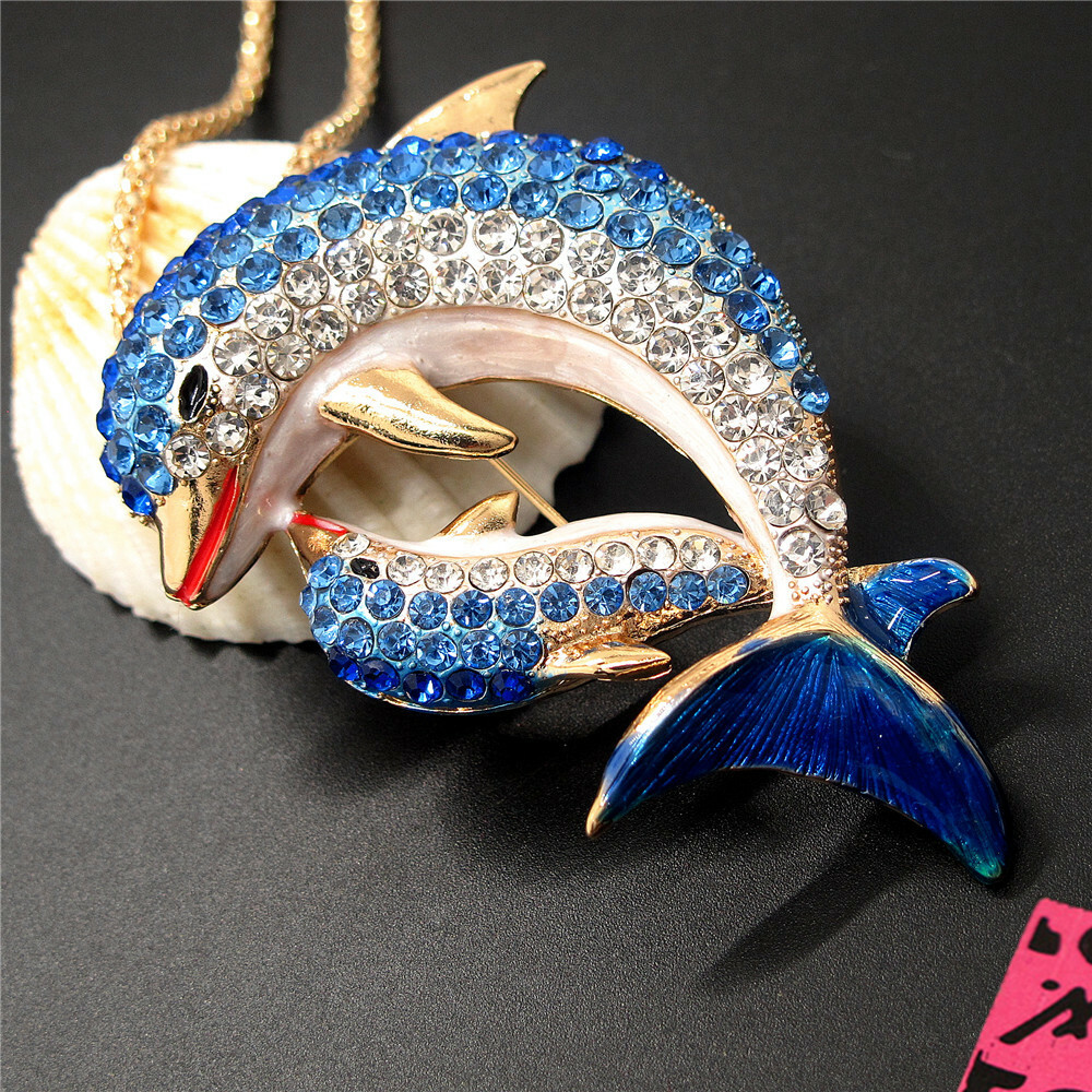New Blue Rhinestone Bling Dolphin Mother Animal Holiday gifts Chain Necklace