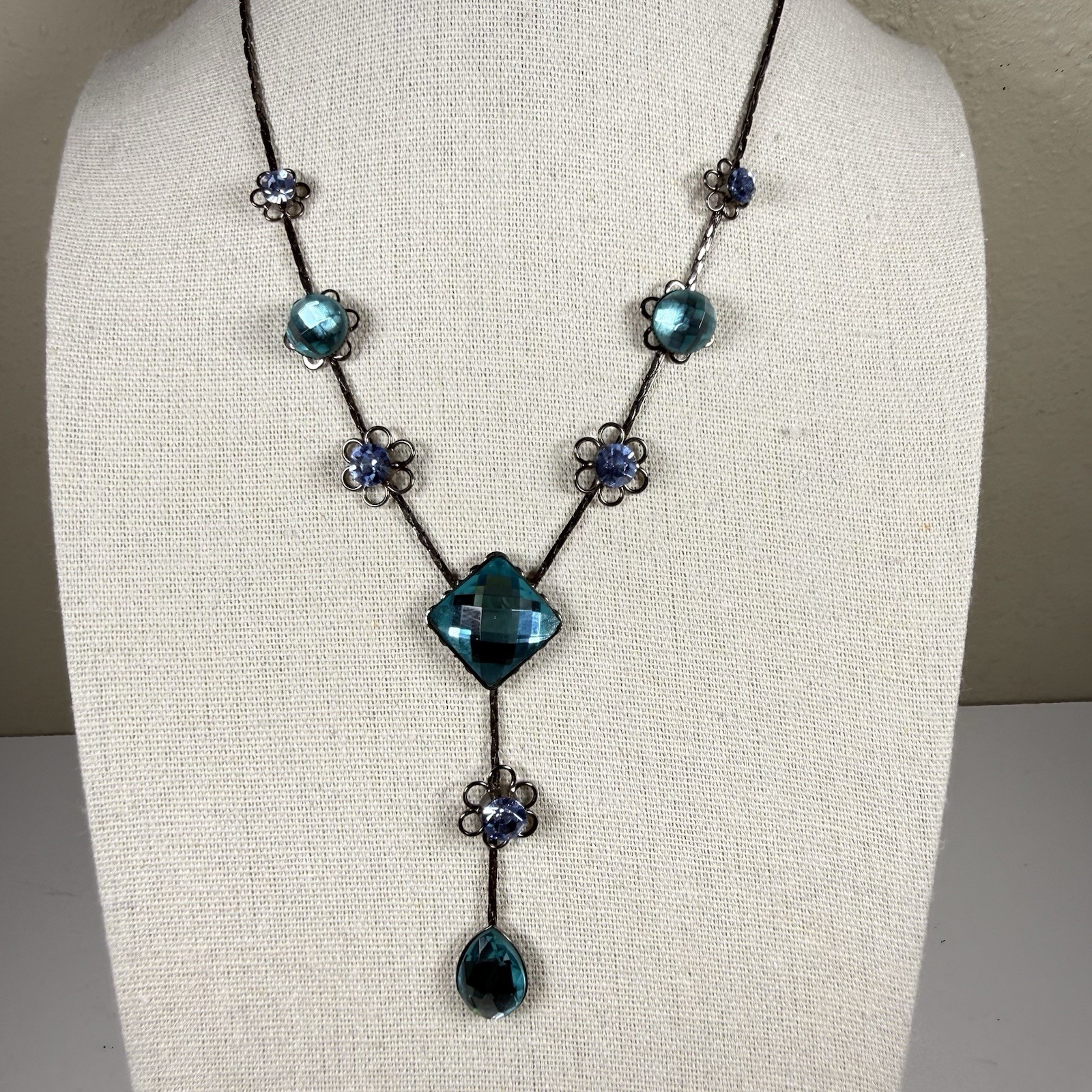 Neoglory Hematite Tone Turquoise & Blue Crystal Y Drop Necklace Floral 16-17”
