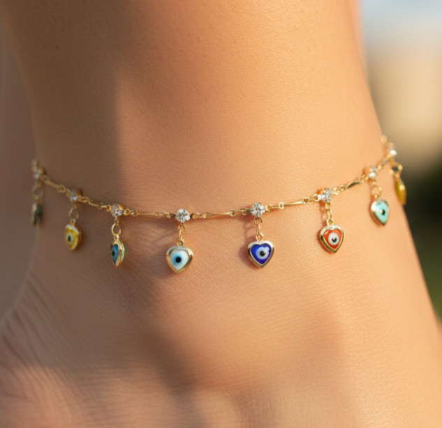 Gold Dangle Heart Evil Eye Anklet Colorful Nazar Charm Anklet Trendy Jewelry
