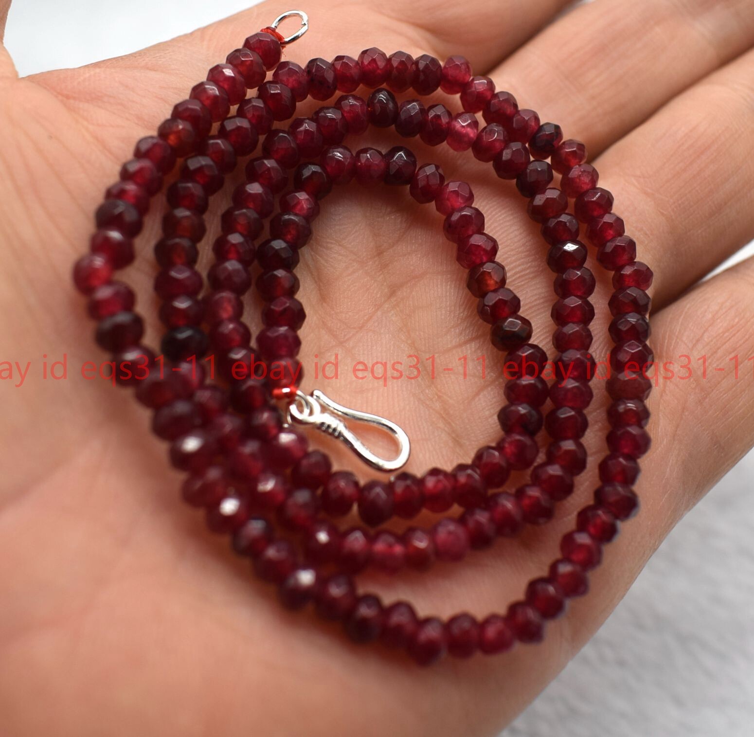 2x4mm Red Garnet Faceted Roundel Gems Beads Necklace 16-28″ Silver Clasp