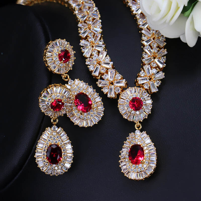 Luxury Bridal Green CZ Crystal Wedding Gold Plated Necklace Earrings Jewelry Set