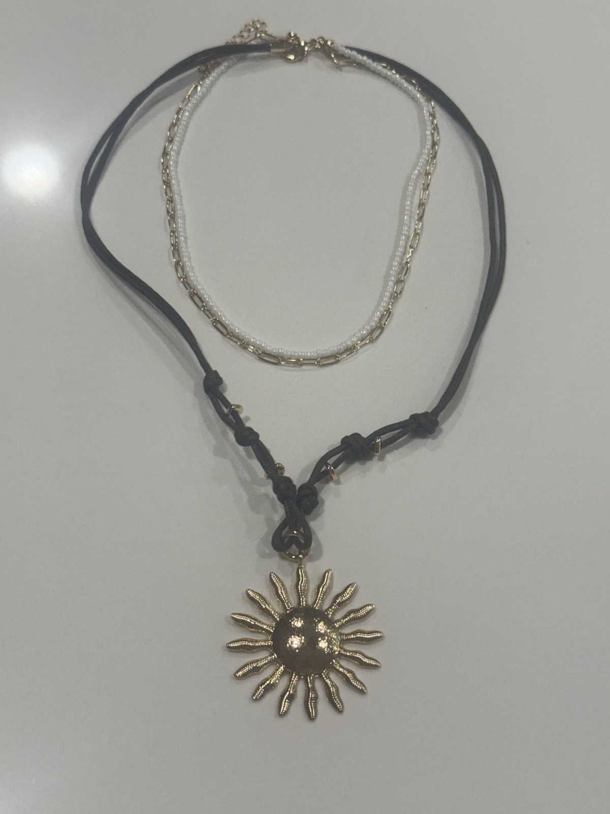 Free People Layered Sun Pendant Necklace Brown Cord Gold Boho Adjustable