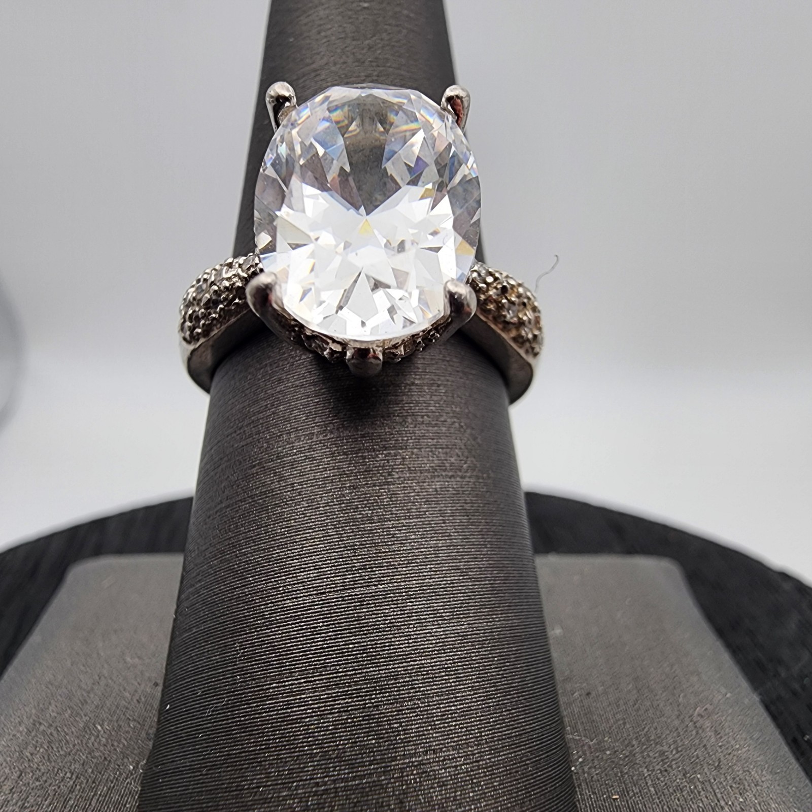 925 Sterling Silver Big Oval Cubic Zirconia Pave Statement Engagement Ring 7.5