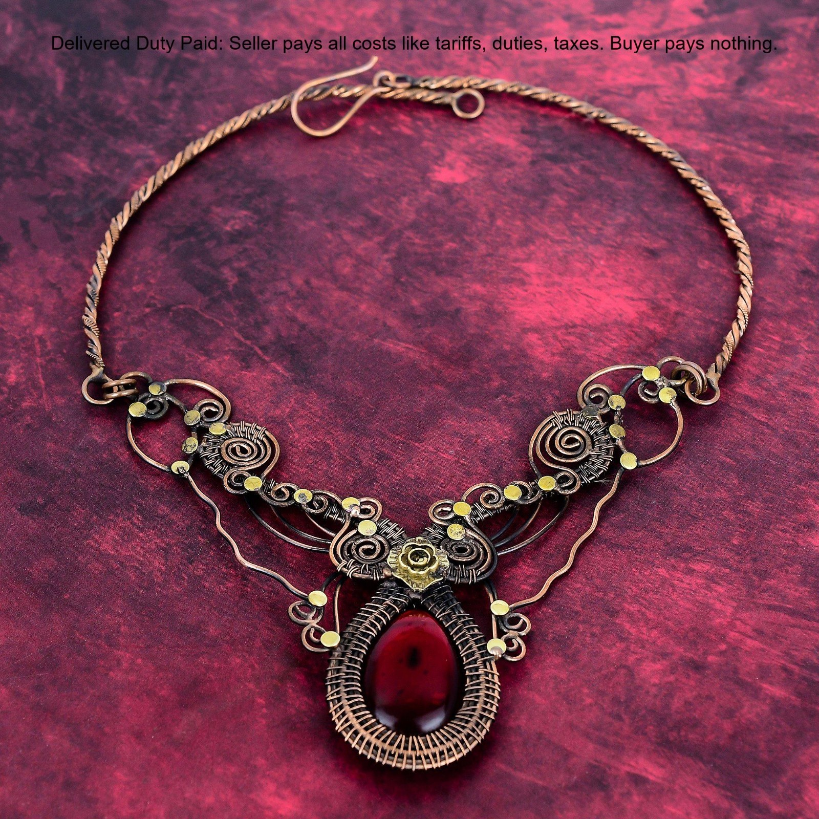 Red Fire Labradorite Gemstone Necklace Copper Wire Wrapped Adjustable Necklace