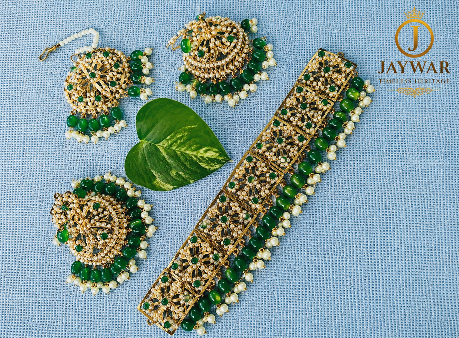 JAYWAR Green Beaded Choker Set Ethnic Bridal Jewelry Earrings & Maang Tikka
