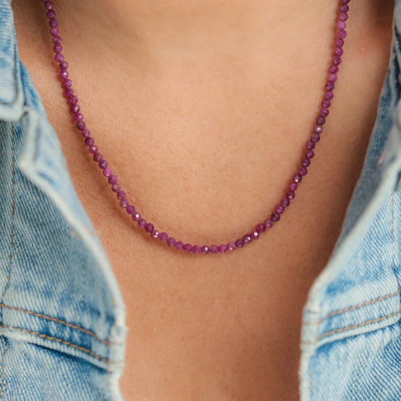 Gemstone Beaded Choker 2mm Ruby Crystal Beads Healing Reiki Women Necklace Gift