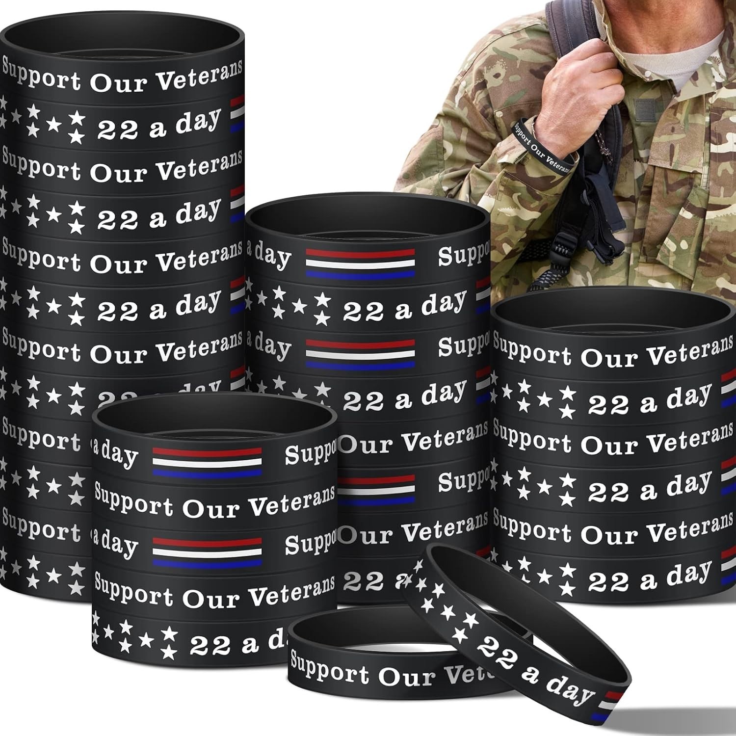 50 Pcs Veterans Day Silicone Bracelets 22 a Day Support Our Veterans Bracelet…