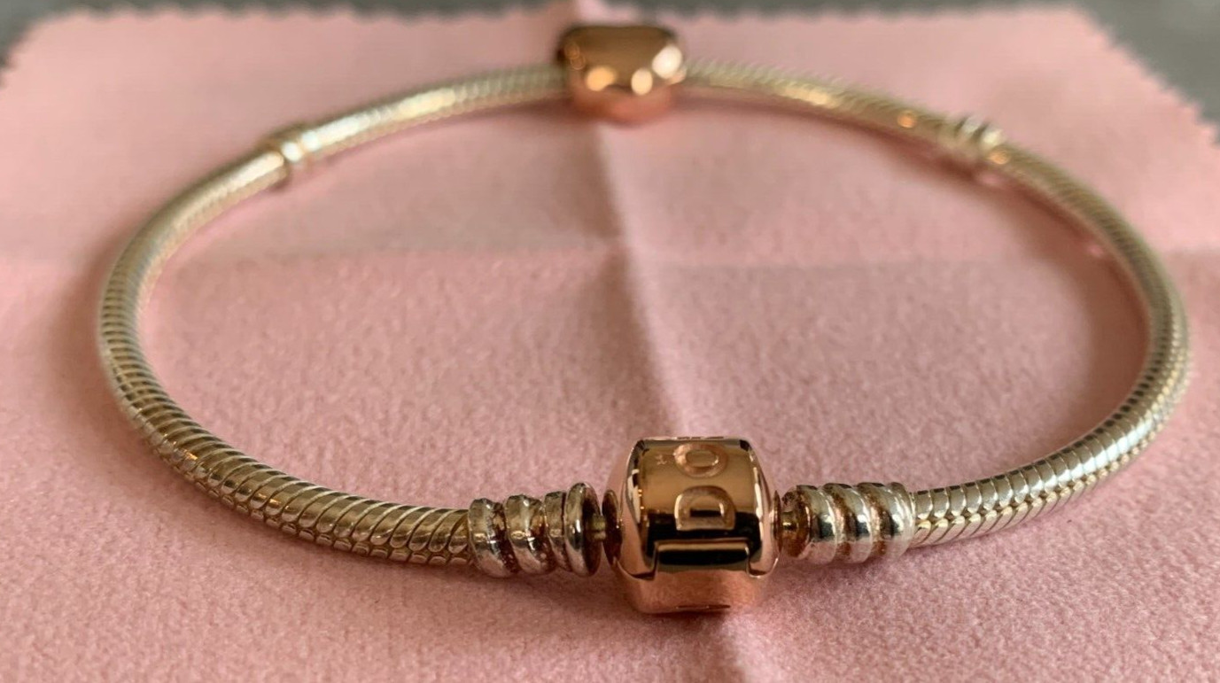 Pandora Rose Gold clasp Silver Bangle Bracelet 21cm 8.3″ 580702 & RG Heart charm