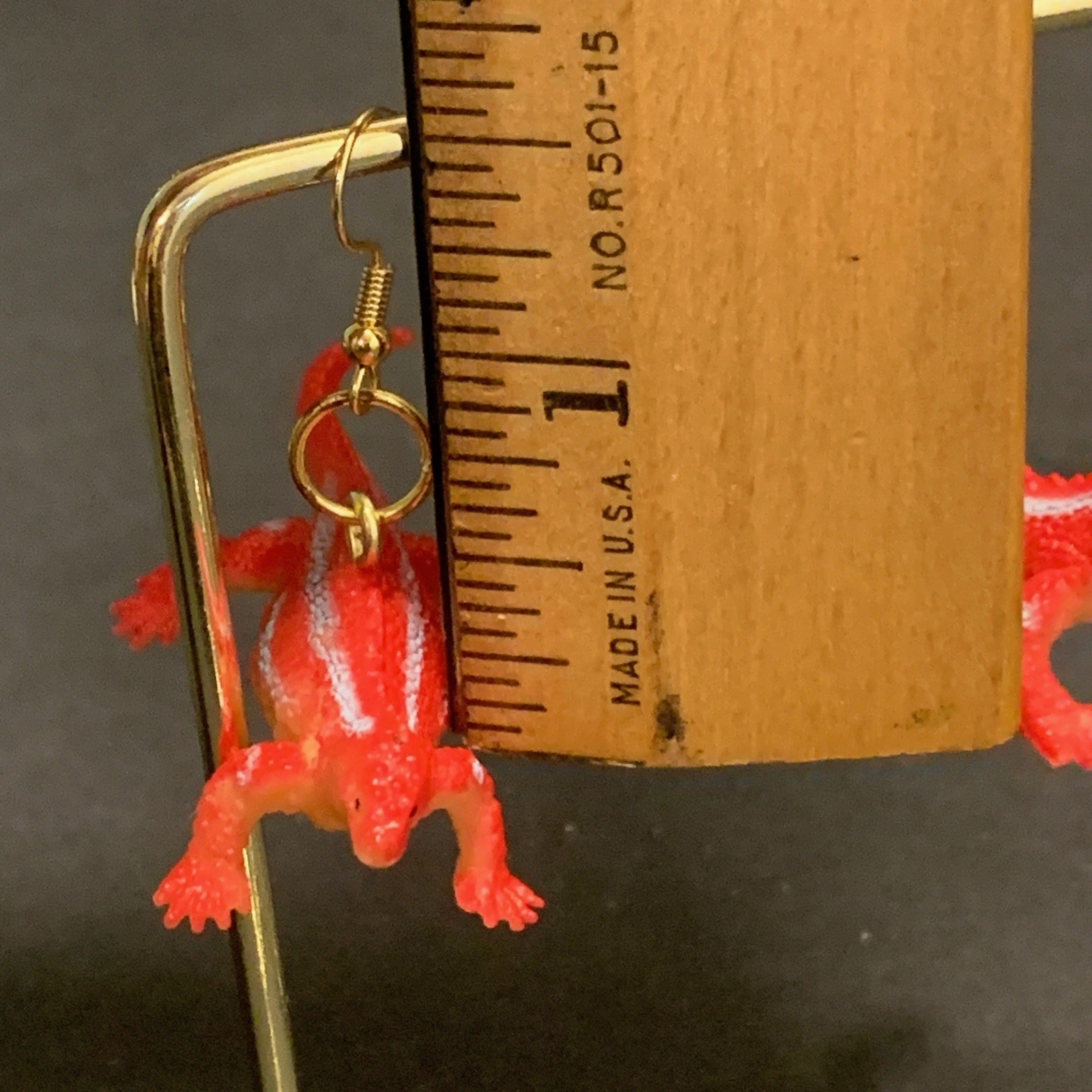 Red Lizard Earrings Handmade Wacky Oddity Blue Gold Whimsy Halloween Reptile
