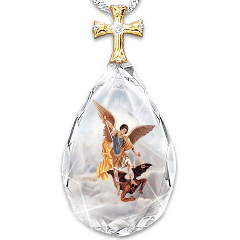 Saint St Michael Crystal Pendant Necklace – 18″ Oval Link Chain, Gold Zinc Alloy