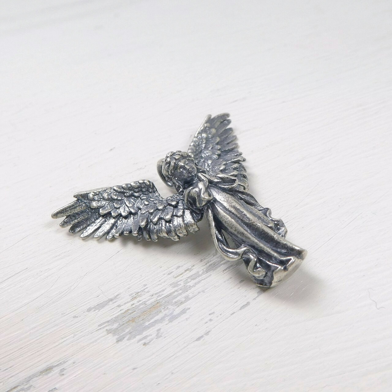 Antiqued 925 Sterling Silver Praying Angel Pendant with Open Wings Unique