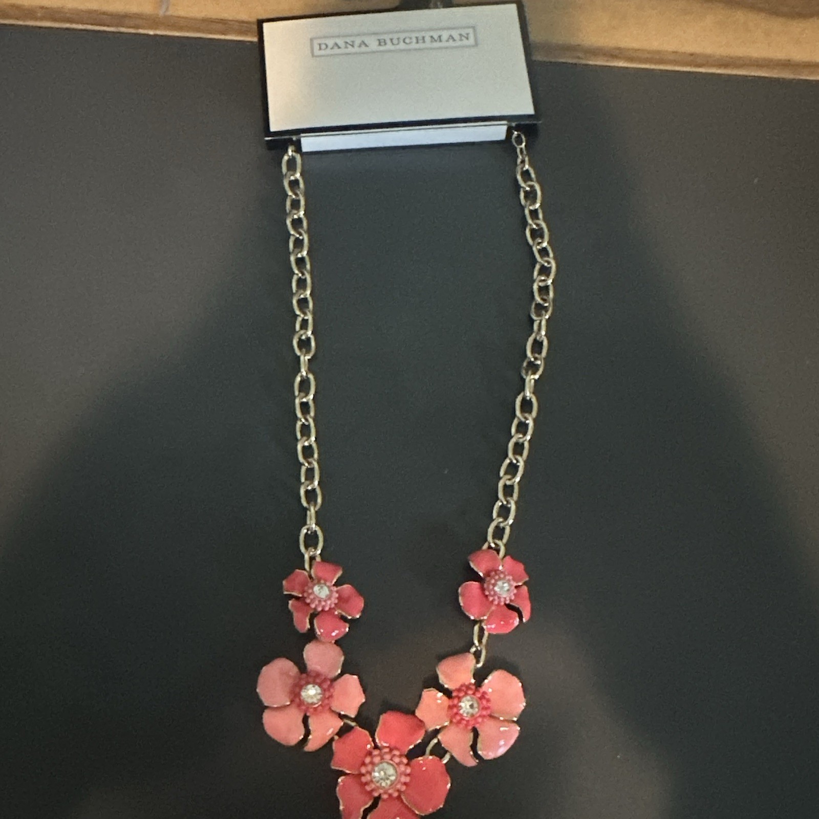 Dana Buchman Gold Tone Cable Chain Necklace Pink Enamel Flower Crystal Pendant