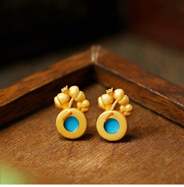 Bohemian Turquoise Gemstone Stud Earrings – Dainty Flower Shape 18K Gold Plated