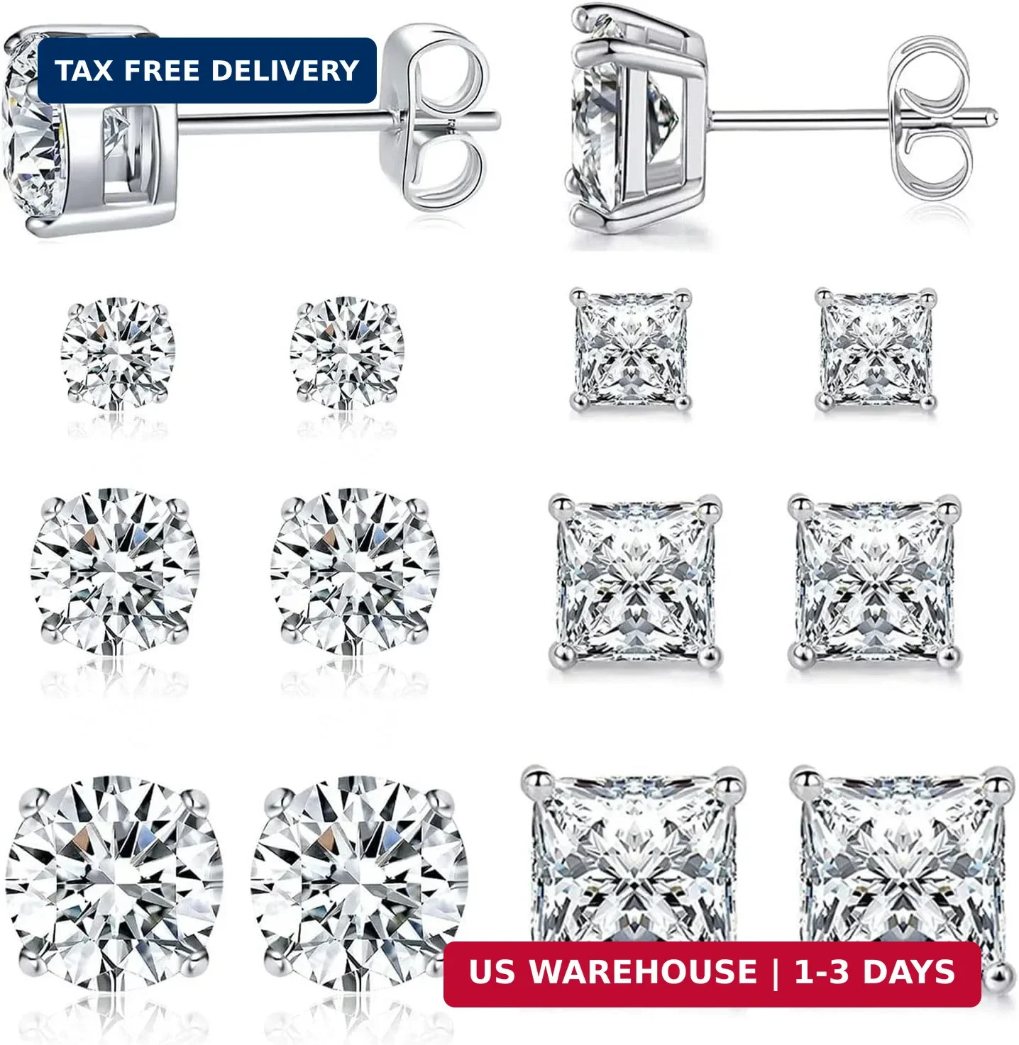 MDFUN 6 Pairs Stud Earrings Set 3mm/5mm/7mm Princess & Round Cubic Zirconia Earr
