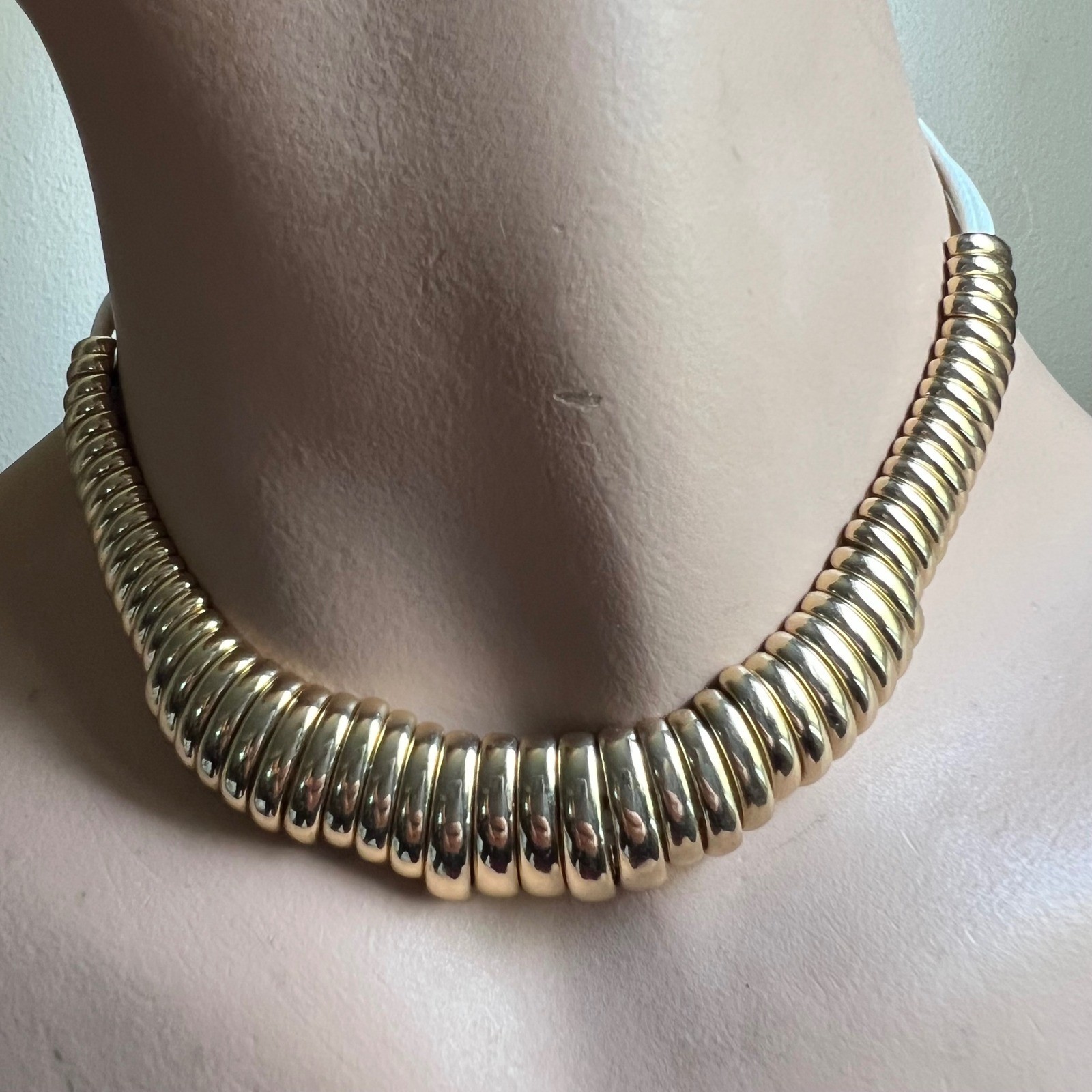 LOFT Gold Ribbed Statement Necklace White Cord Choker Chunky Tubogas 18″ Adj