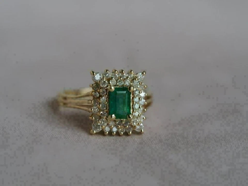 1.75Ct Green Emerald Diamond Cluster Engagement Ring 14K Yellow Gold Plated