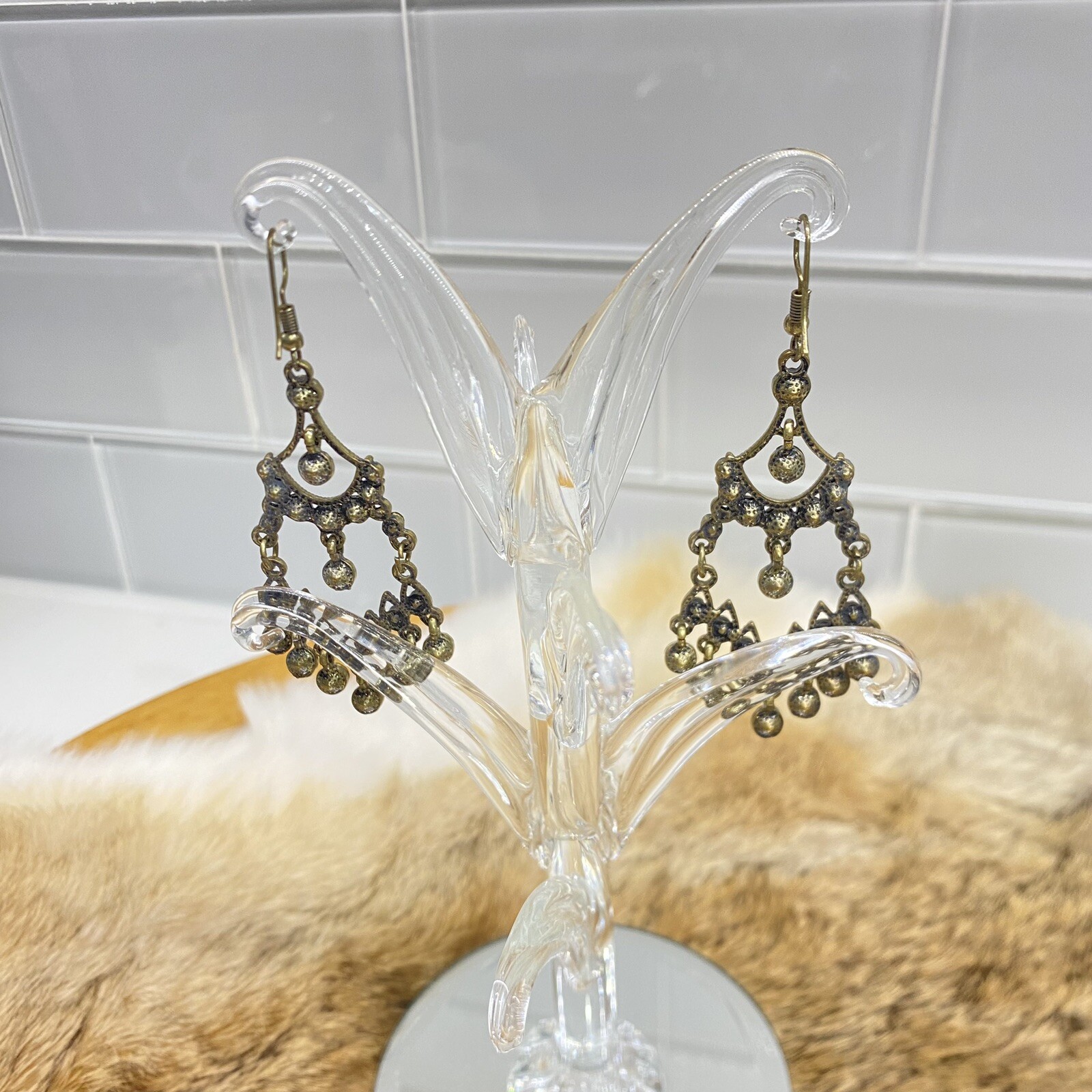 Beautiful Bohemian Drop Bronze Color Chandelier Earrings with Gold/Amber Stones