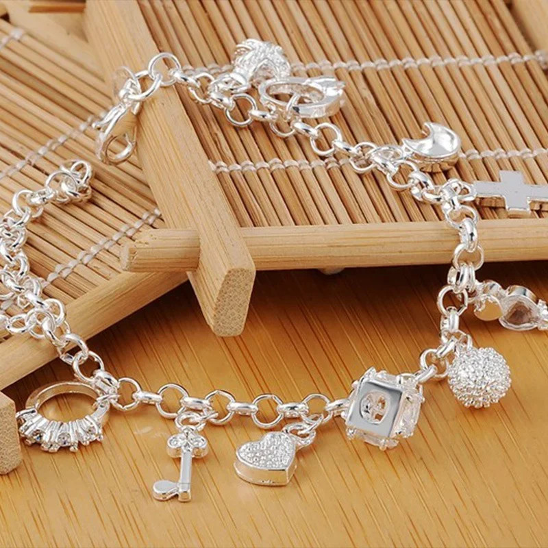 925 Sterling Silver Fashion 13pcs Pendant Charm Bracelet For Women Teen Girls