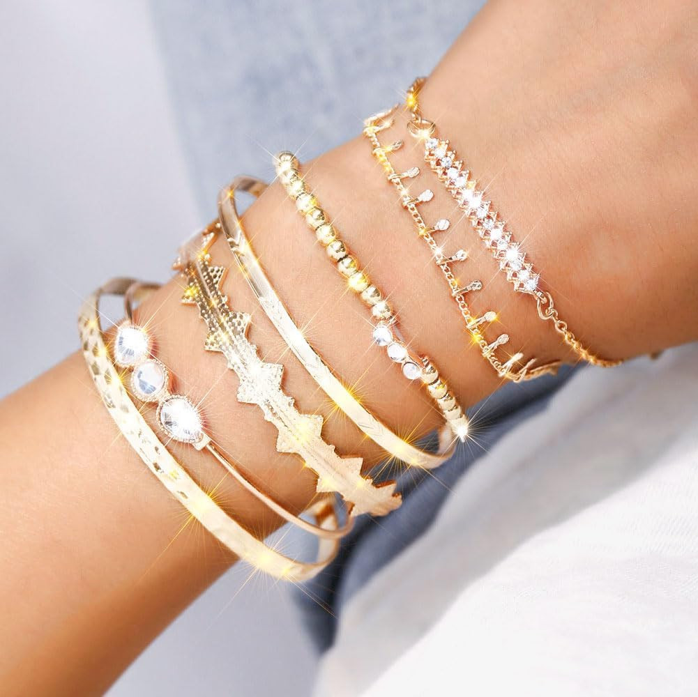 Boho Gold Cuff Bangles Bracelets Layered Stackable Chain Set Rhinestone Open Cuf