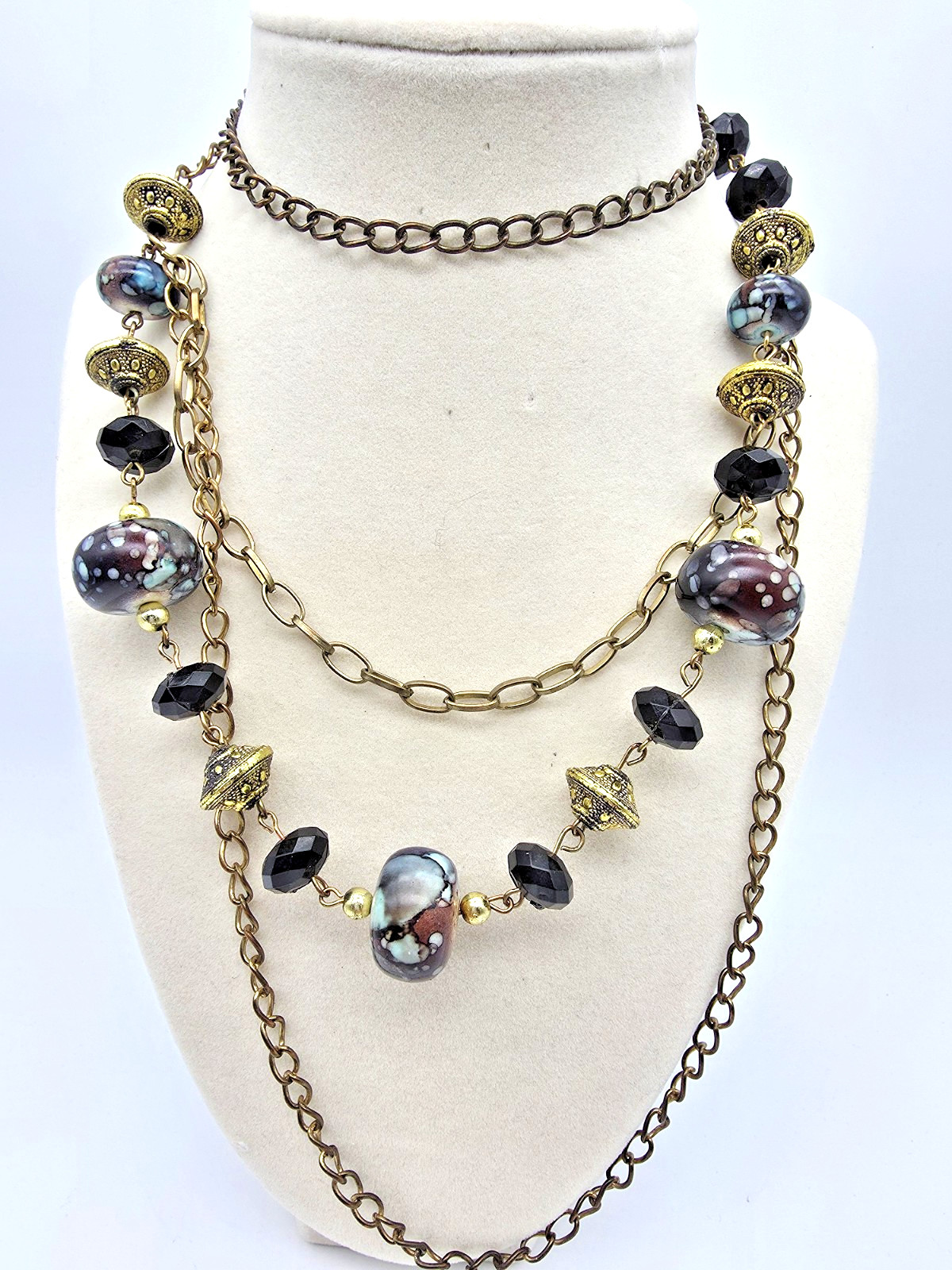 Boho Layered Beaded Chain Necklace Black Faceted Beads Marbled Art Glass