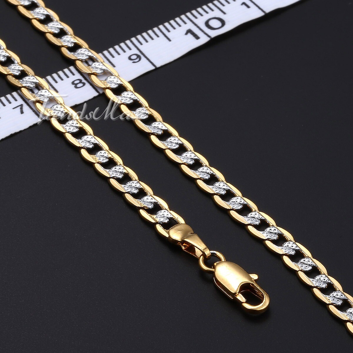 4mm 18/20/22″ Silver+Gold Hammer Curb Cuban Link 10K Gold filled Chain Necklace