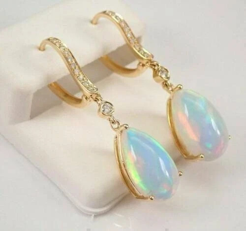 3 Ct Pear Cut Simulated Fire Opal Drop/Dangle Earrings 14k Yellow Gold Plated