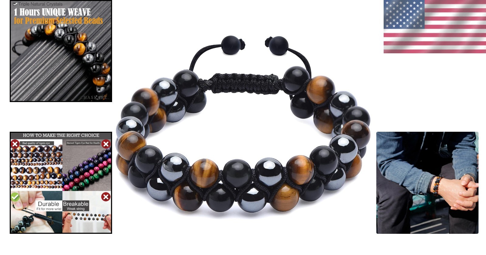 Men’s Adjustable Crystal Bead Bracelet – Anxiety Relief with Natural Stones
