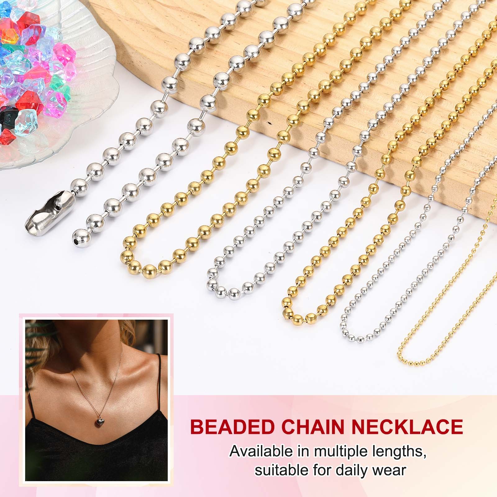 Beaded Chain Necklace, 1.5 mm Bead Ball, 22 Inch , Gold