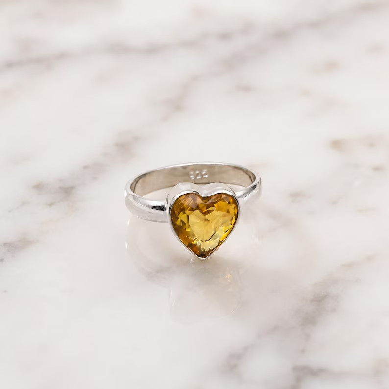 Heart Cut Citrine Ring | Yellow Gemstone Silver Ring | Heart Shaped Promise Ring
