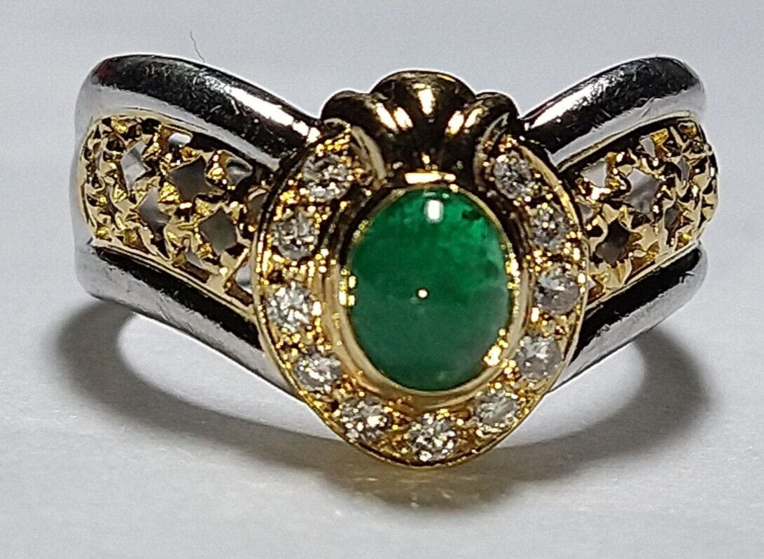 Solid heavy platinum & 18k gold 0.91 carat natural emerald diamond ring 8.76 grm