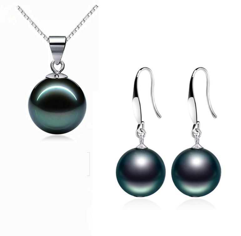 Sterling Silver Black Natural Tahitian Shell Pearl Necklace Drop Earrings Set