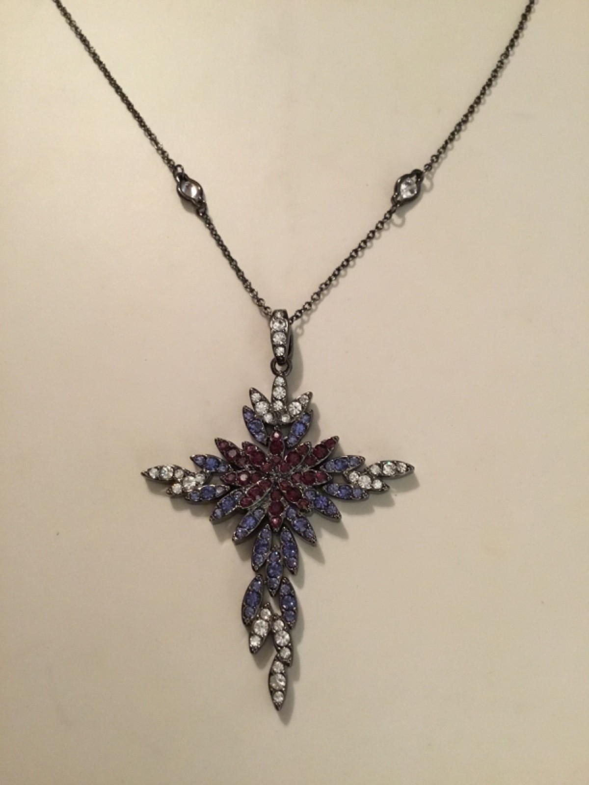PJM Signed Articulated Religious Cross Pendant Necklace Rhinestones-FREE SHIP