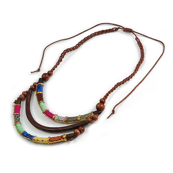 Statement Layered Wooden Bar with Leather Detailing Cotton Cord Necklace