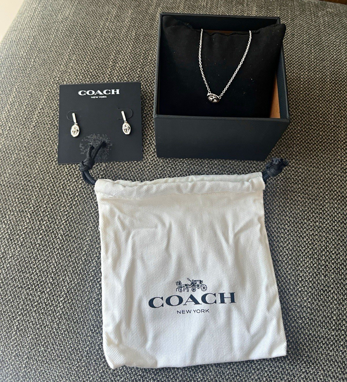 Coach Signed Silver Plated Jewelry Set Necklace & Earrings, No Stone