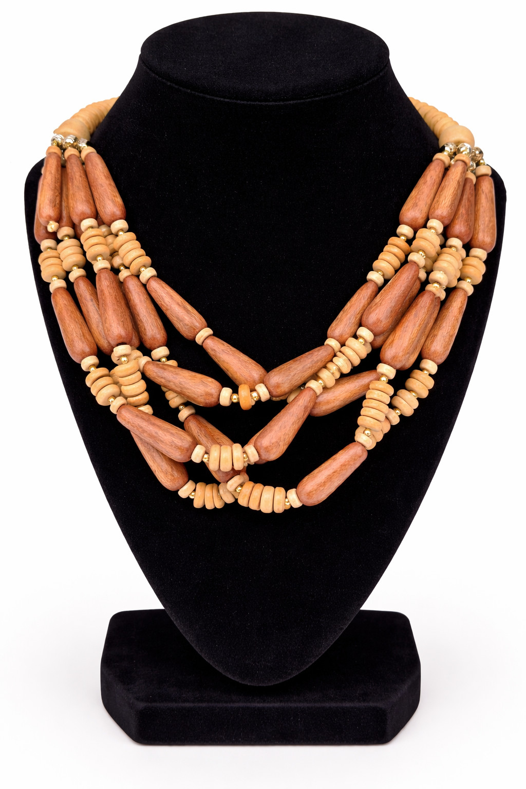 Tribal Multi Layered Strand Tear Drop Natural Wood Beaded Choker Necklace