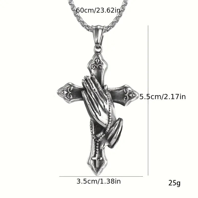 Praying Hands Cross Pendant Necklace Chain Faith Gift Mens Stainless Steel 24″